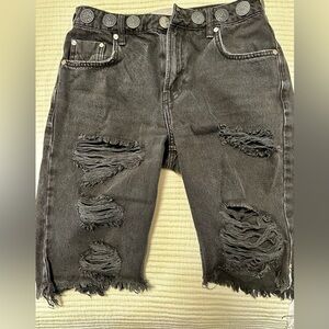 One Teaspoon Charcoal Denim Bermuda shorts with belt detail